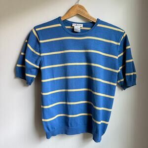 Talbots Vintage Striped Cotton Sweater Blue Yellow Short Sleeve Small